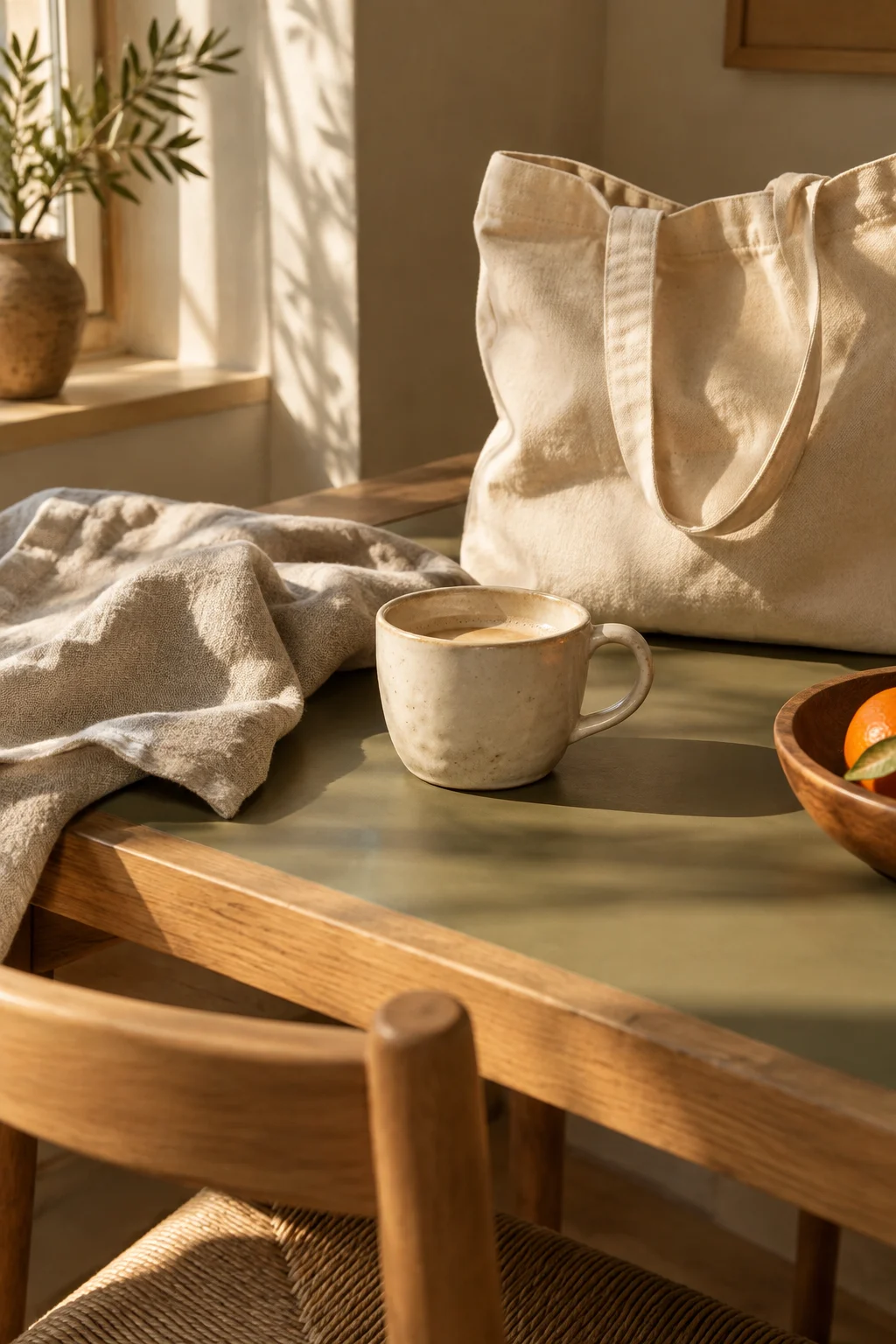 Everyday goods collection concept: ceramics, linen and a canvas tote